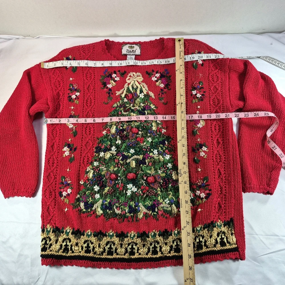 Vintage Tiara International Red Embroidered Beaded Christmas Tree Ugly Sweater L - Picture 6 of 9